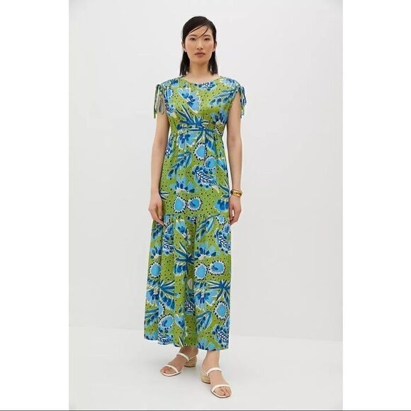 NEW Vera for Anthropologie Bluebell Tropical Floral Blooms Maxi Dress Small